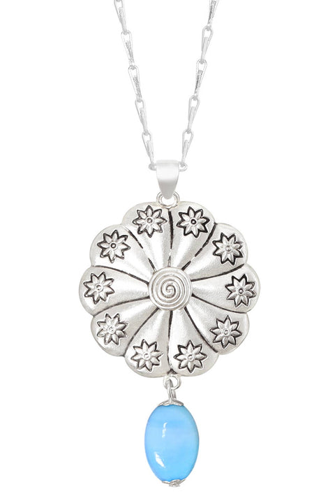 Blue Murano Glass & Hammered Floral Disc Necklace - SF