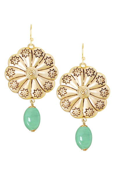 Green Murano Glass & Hammered Floral Disc Drop Earrings - GF