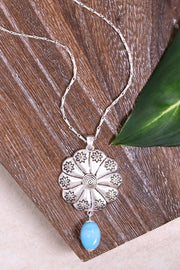 Blue Murano Glass & Hammered Floral Disc Necklace - SF