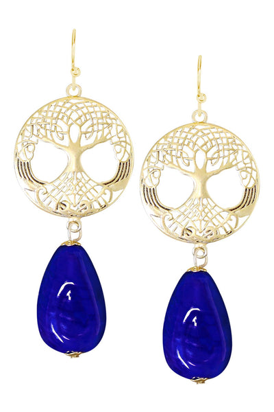 Blue Murano Glass & Tree Of Life Drop Earrings - GF