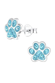 Sterling Silver & Blue Crystal Paw Print Stud Earrings - SS