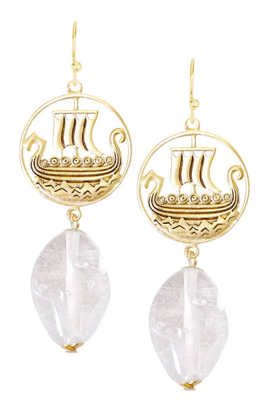 Clear Murano Glass & Viking Ship Drop Earrings - GF