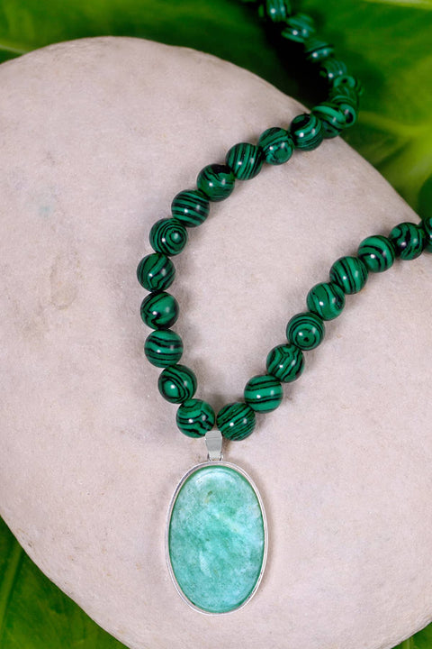 Malachite Beads Necklace With Amazonite Pendant - SF