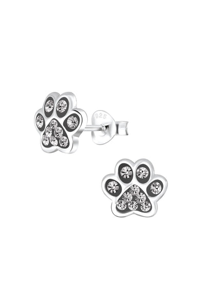 Sterling Silver & Gray Crystal Paw Print Stud Earrings - SS