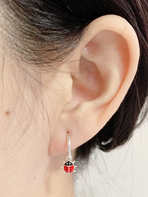 Sterling Silver Ladybug Charm Hoop Earrings - SS