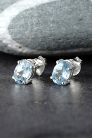 Sterling Silver & Aquamarine CZ Post Earrings - SS