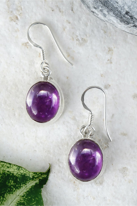 Sterling Silver & Amethyst Oval Drop Earrings - SS