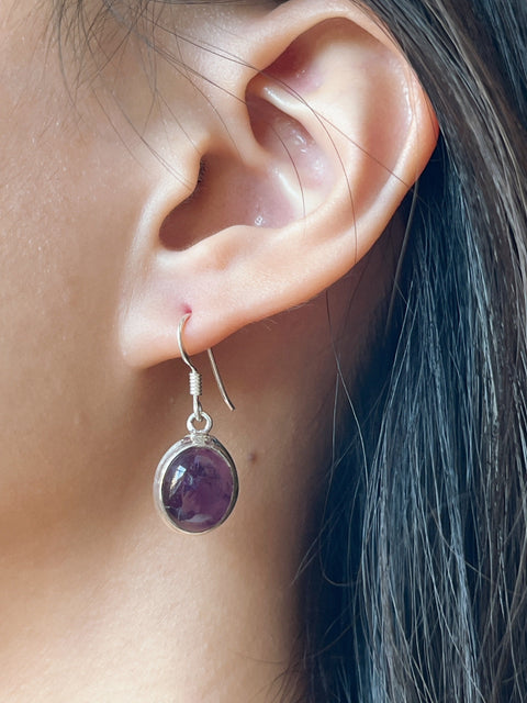 Sterling Silver & Amethyst Oval Drop Earrings - SS