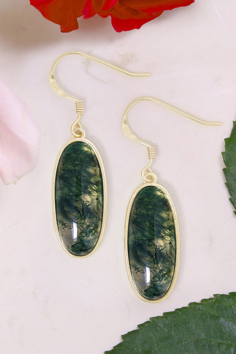 Moss Agate Oval Drop Earrings - GF