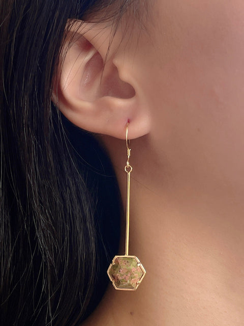 Unakite Pendulum Drop Earrings - GF