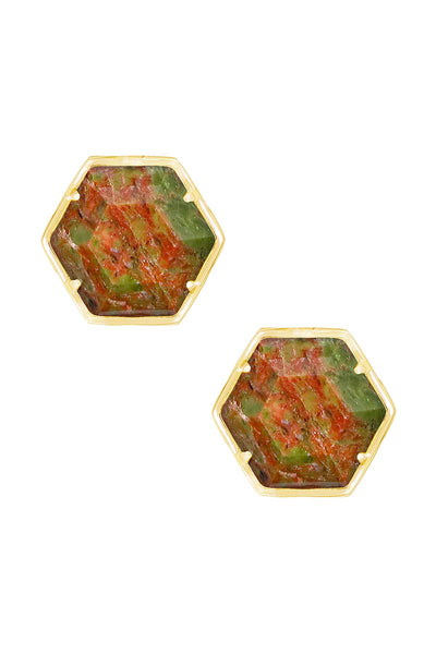 Unakite Hexagon Post Earrings - GF