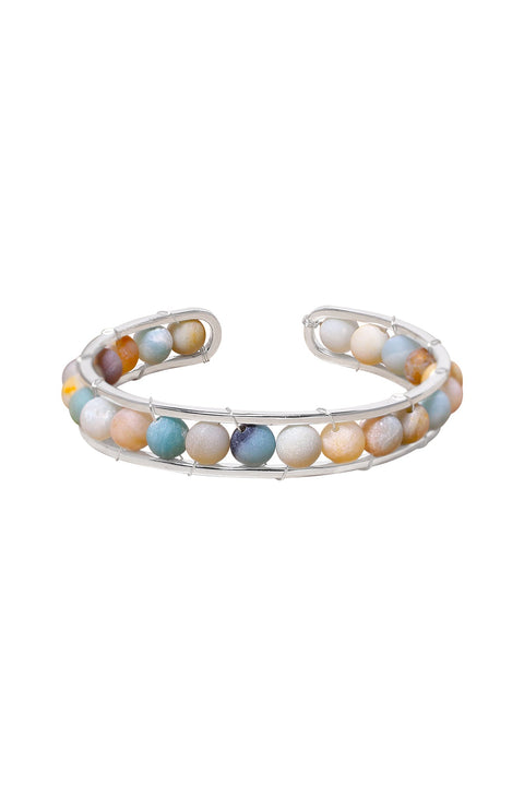 Amazonite Beaded Cuff Bracelet In Silver - SF