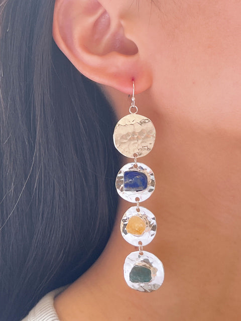 Silver & Semi Precious Hammered Disc Drop Earrings - SF