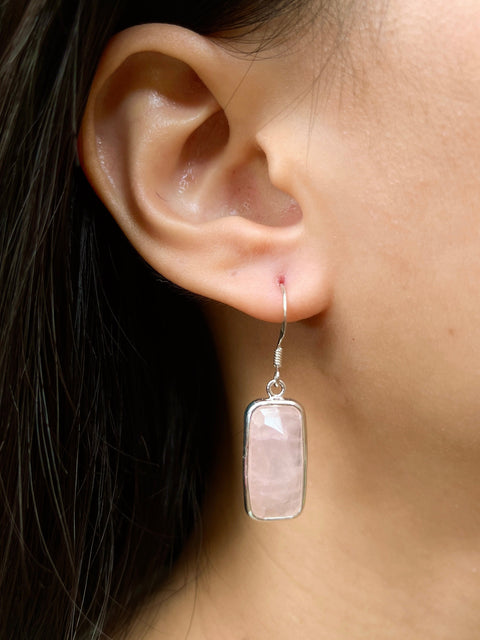 Rose Quartz Rectangle Drop Earrings - SF