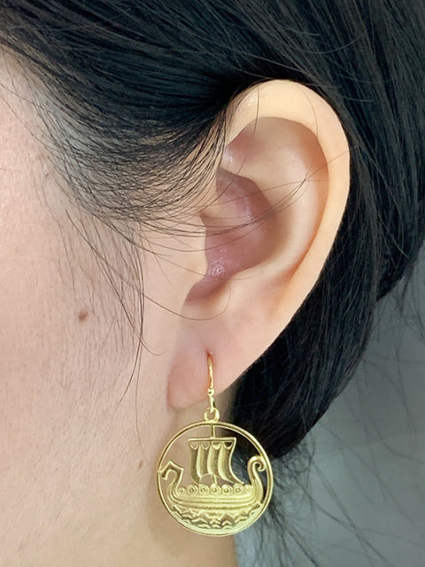 14k Gold Plated Viking Ship Drop Earrings - GF