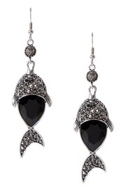 Black Austrian Crystal & Marcasite Fish Drop Earrings - SF