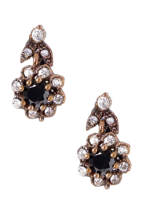 Black Crystal Flower Post Earrings In Antique Gold - AG