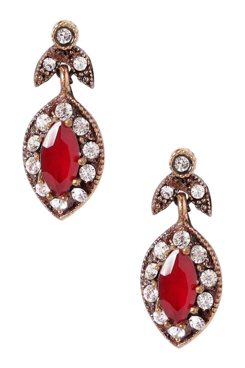 Red Crystal Flower Post Earrings In Antique Gold - AG