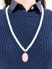 Crystal Quartz Beads Necklace With Rose Quartz Pendant - SF