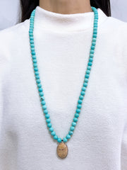 Turquoise Beads Necklace With Lily Fossil Pendant - SF