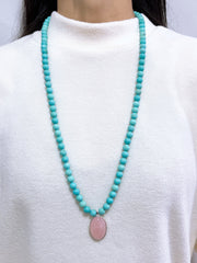 Turquoise Beads Necklace With Rose Quartz Pendant - SF