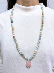 Amazonite Beads Necklace With Rose Quartz Pendant - SF