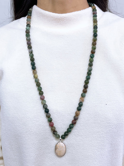 Mixed Jasper Beads Necklace With Lily Fossil Pendant - SF