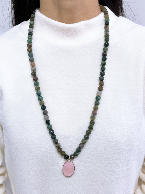 Mixed Jasper Beads Necklace With Rose Quartz Pendant - SF