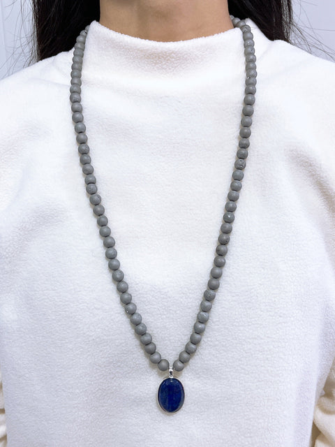 Gray Druzy Quartz Beads Necklace With Lapis Pendant - SF