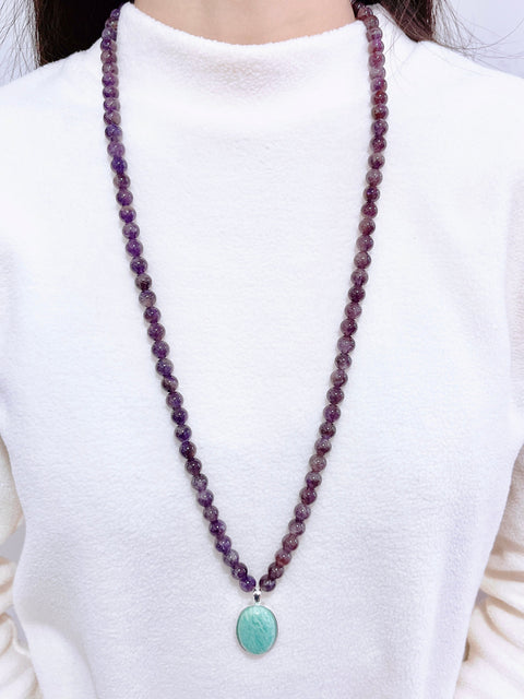 Amethyst Beads Necklace With Amazonite Pendant - SF