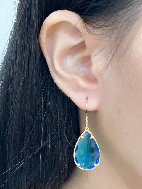 Swiss Blue Crystal Pear Cut Drop Earrings In Gold - GF