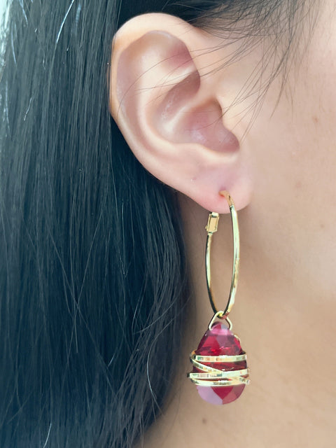 Raspberry Crystal Wrapped Hoop Earrings In Gold - GF