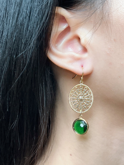 Emerald Crystal Filigree Drop Earrings In Gold - GF