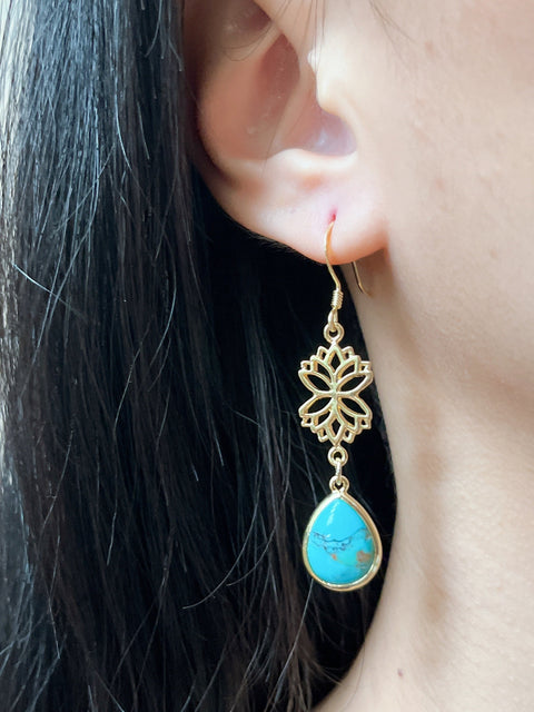 Stabilized Turquoise & Lotus Drop Earrings - GF