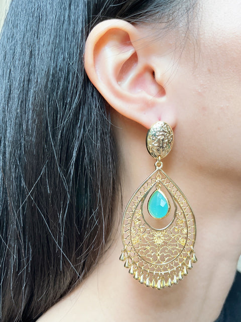 Amazonite Crystal Filigree Statement Earrings In Gold - GF