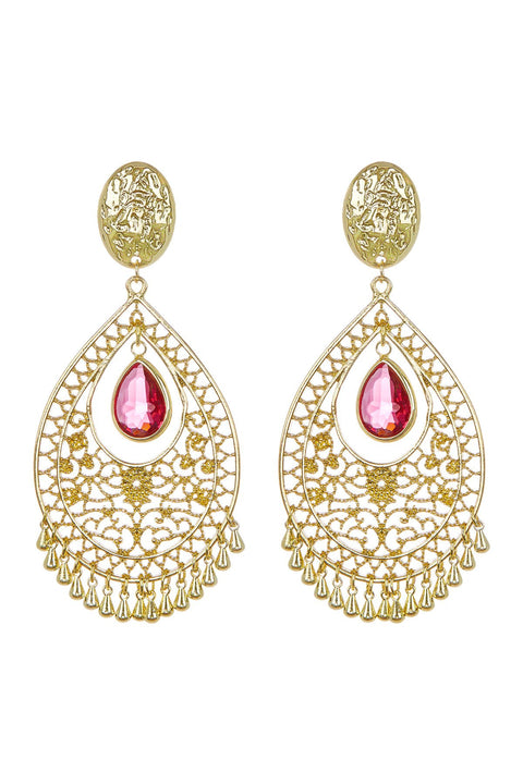 Raspberry Crystal Filigree Statement Earrings In Gold - GF