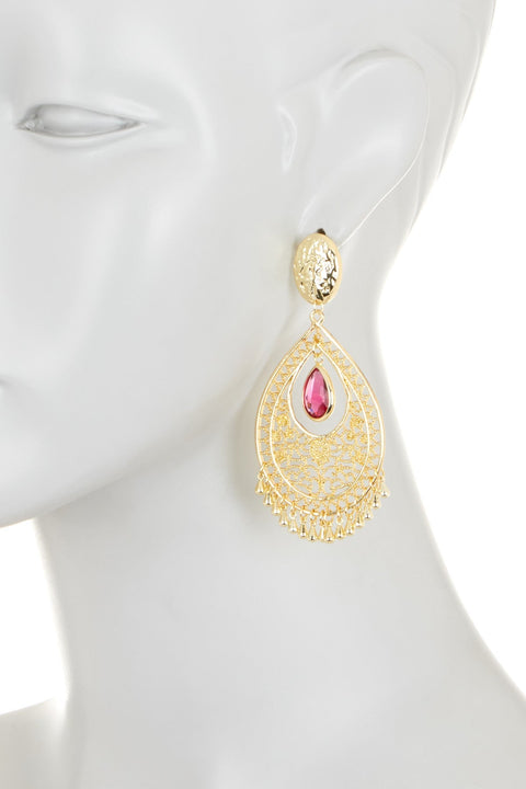 Raspberry Crystal Filigree Statement Earrings In Gold - GF