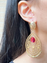 Raspberry Crystal Filigree Statement Earrings In Gold - GF