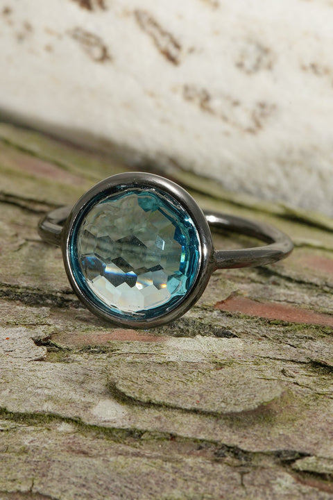 Sky Blue Crystal Ring In Gunmetal - SF