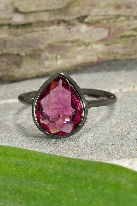 Raspberry Crystal Pear Ring In Gunmetal - SF