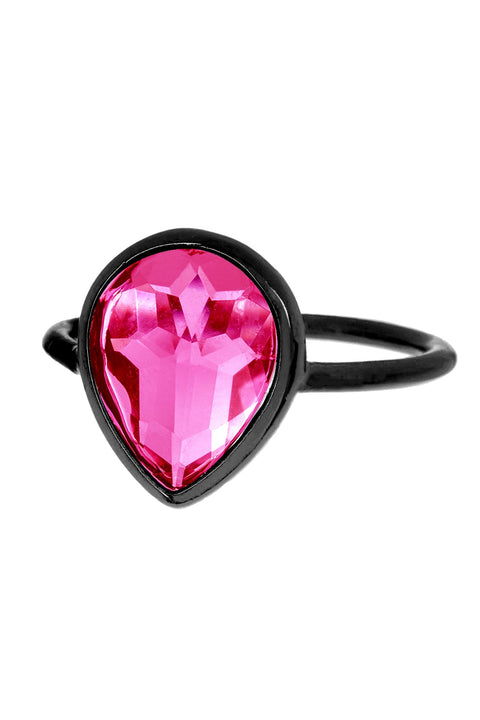 Raspberry Crystal Pear Ring In Gunmetal - SF