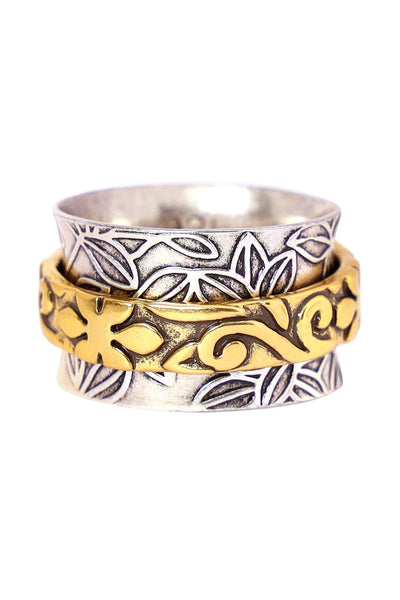 Floral Pattern 2 Tone Spinner Ring - SF