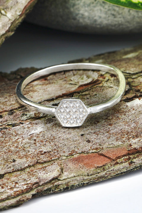 Sterling Silver Hexagon Ring With CZ- SS