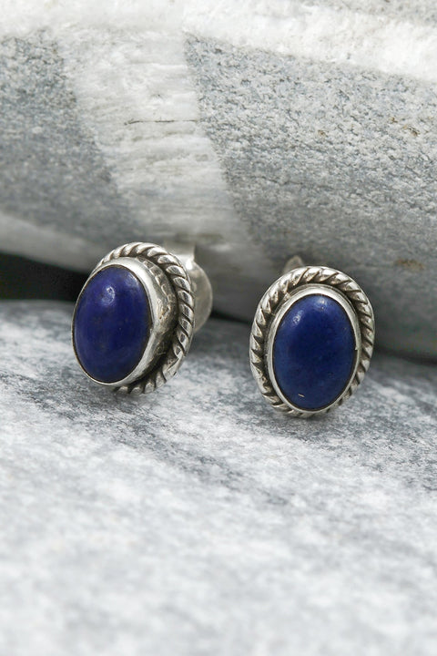 Sterling Silver & Lapis Oval Post Earrings - SS