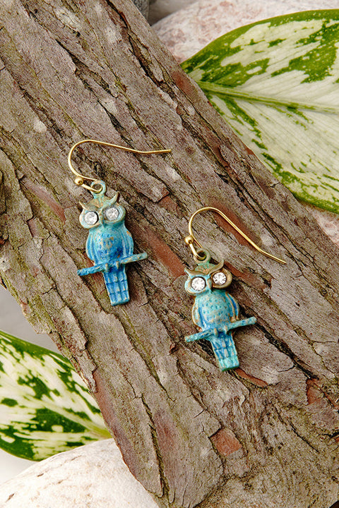 Natural Verdigris Patina Owl Drop Earrings - BR