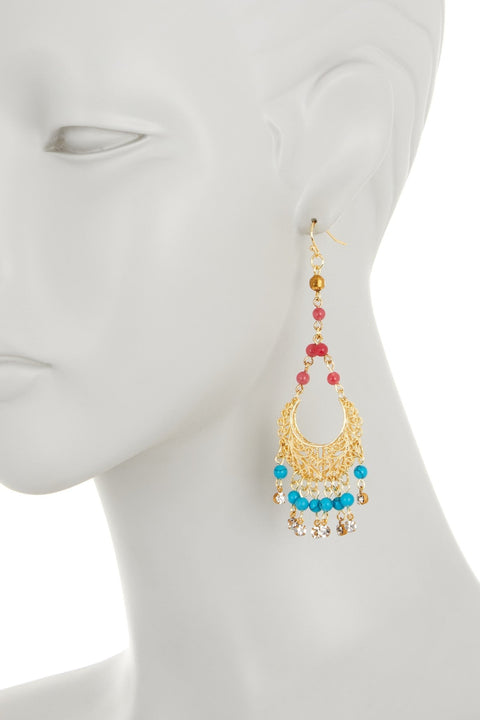 Red Agate & Turquoise Boho Chandelier Earrings - GF