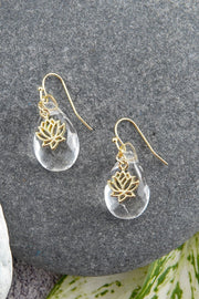 Crystal Quartz & Lotus Drop Earrings - GF