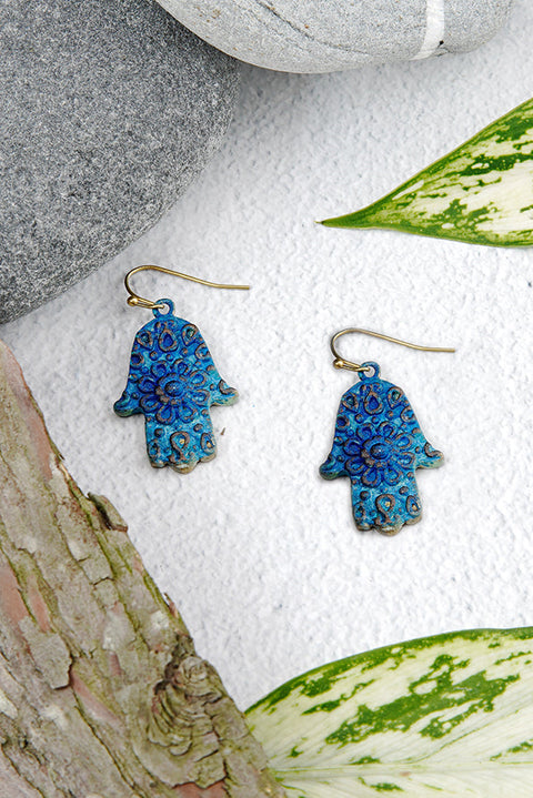 Natural Blue Patina Hamsa Earrings - BR