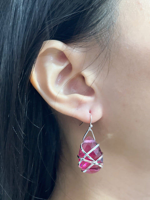 Raspberry Crystal Wrapped Earrings In Silver - SF