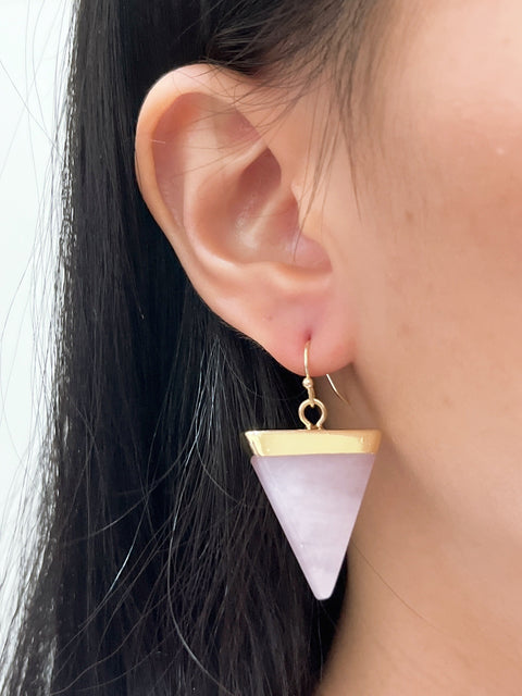 Rose Quartz Triangle Drop Earrings In Gold - GF